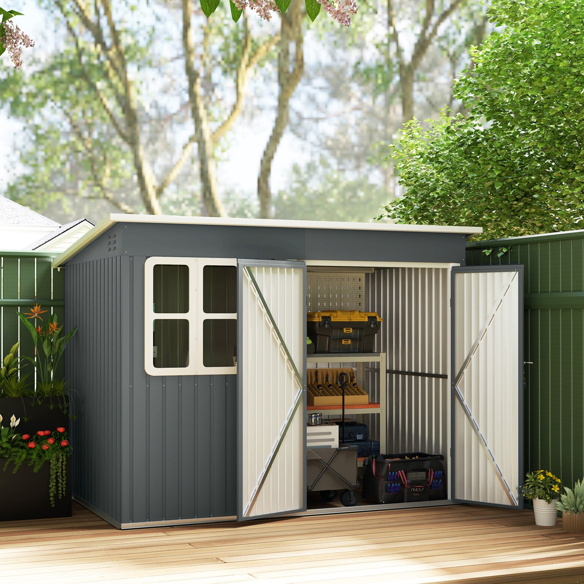 Outsunny 8.5' x 6' Galvanised Steel Outdoor Storage Shed, Garden Shed with Window, Lockable Wide Doors and Air Vents, Dark Grey 