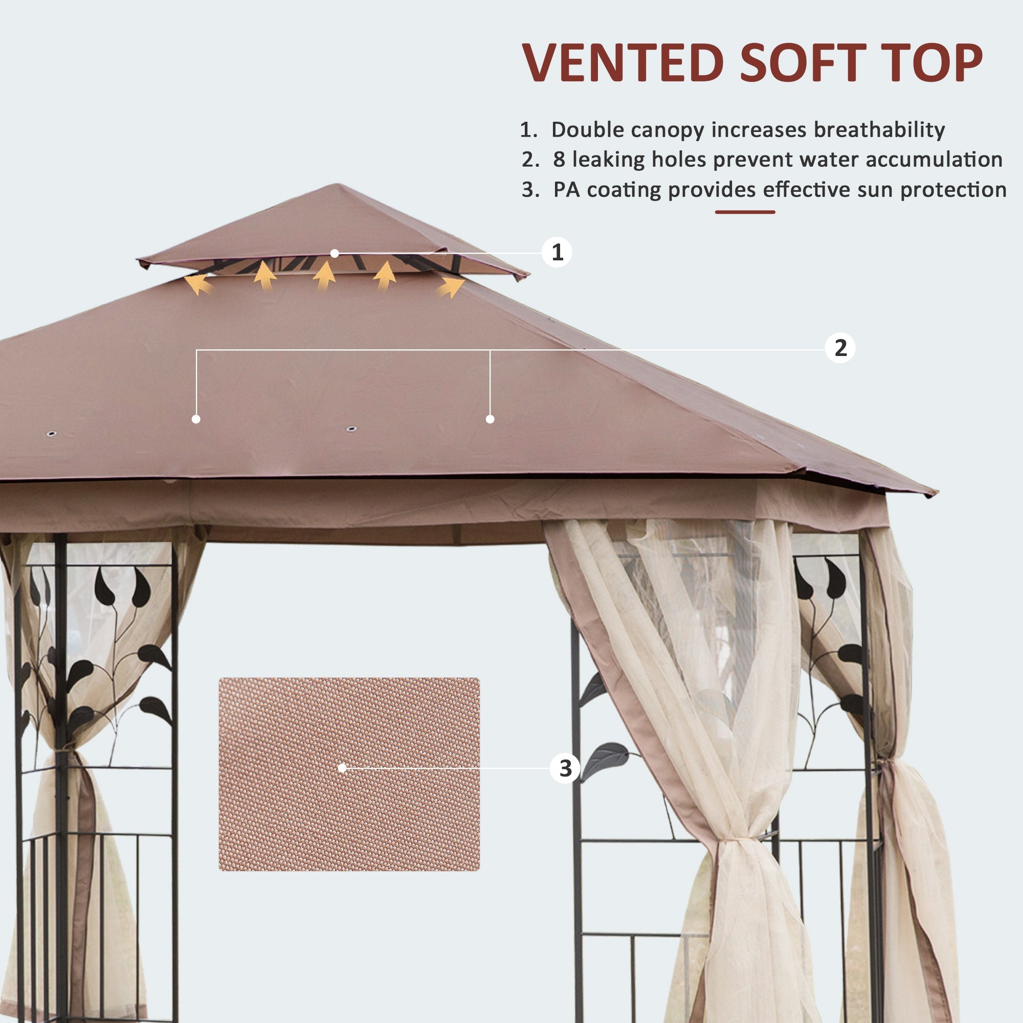 Outsunny 10'x10' Patio Gazebo Outdoor Canopy with 2-Tier Polyester Roof Mosquito Netting Brown 