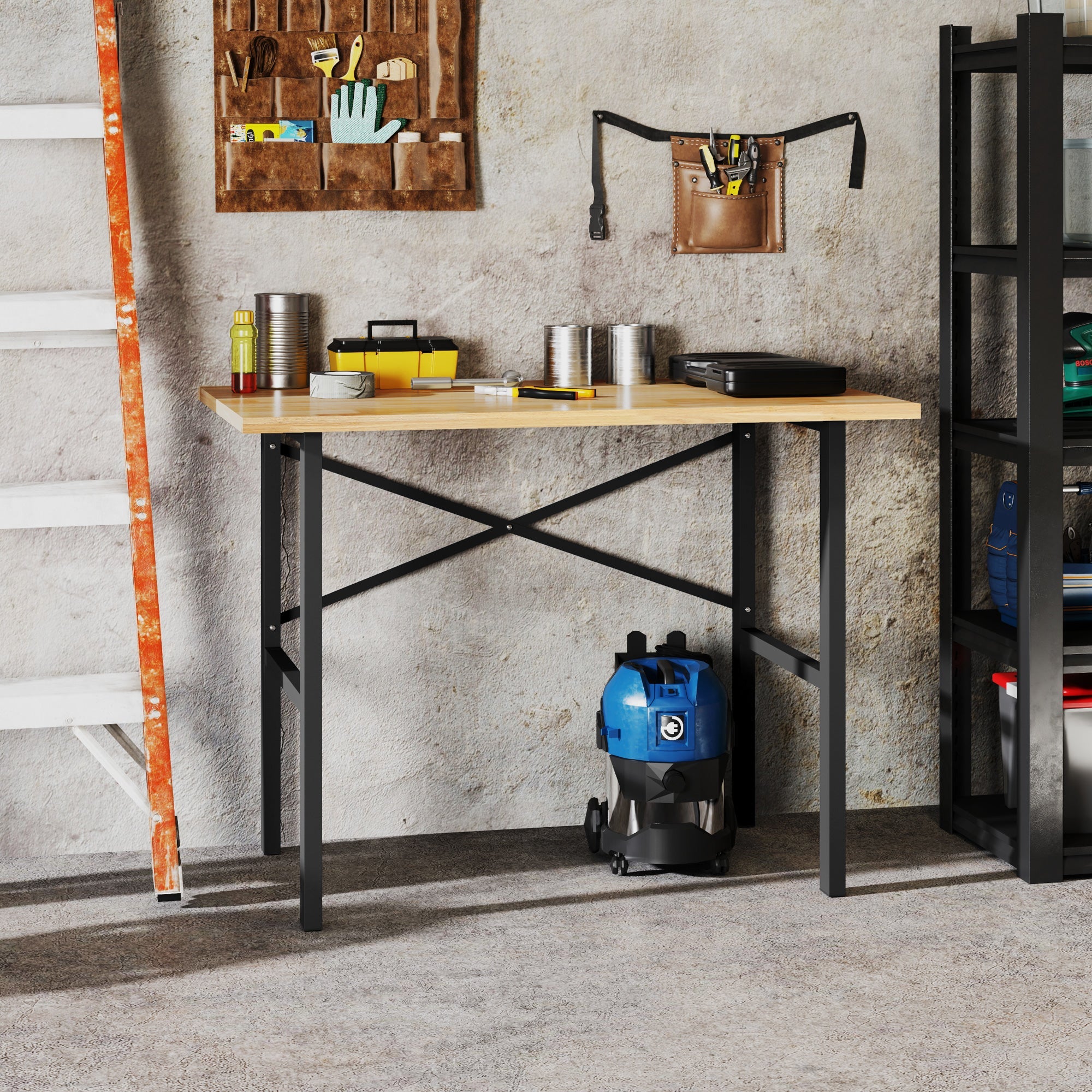 HOMCOM 46" Work bench Table Oak Wood Top, Heavy-Duty Steel Work Table High Stability Workstation, Natural Wood 