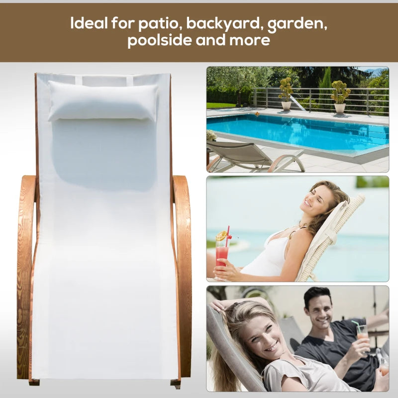 Outdoor Wood Sling Chaise Lounge Reclining Garden Mesh Lounger Patio Chair with Headrest Cream