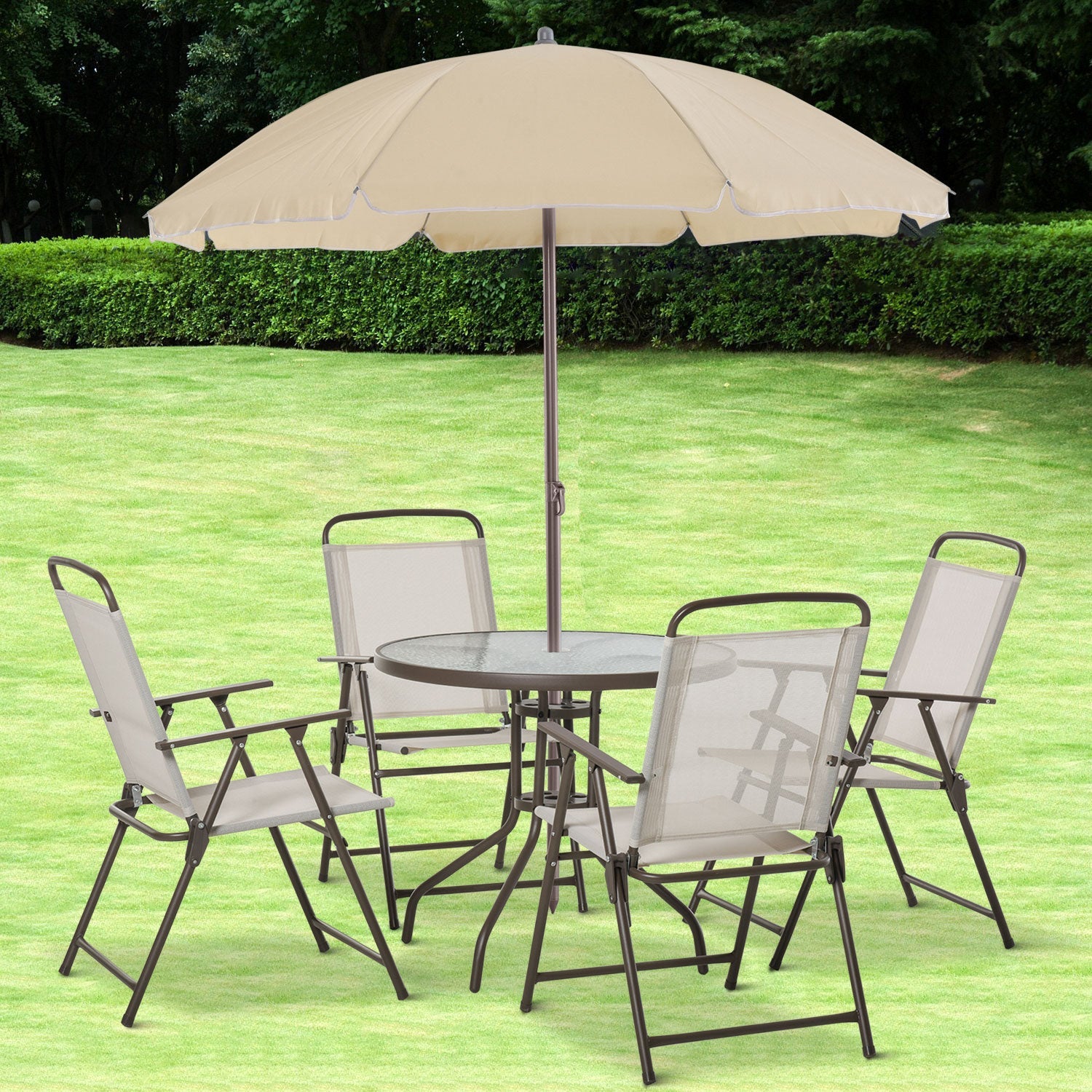 Outsunny 6PC Patio Dining Set Outdoor Furniture with Umbrella Round Table 4 Folding Chairs Cream-white 