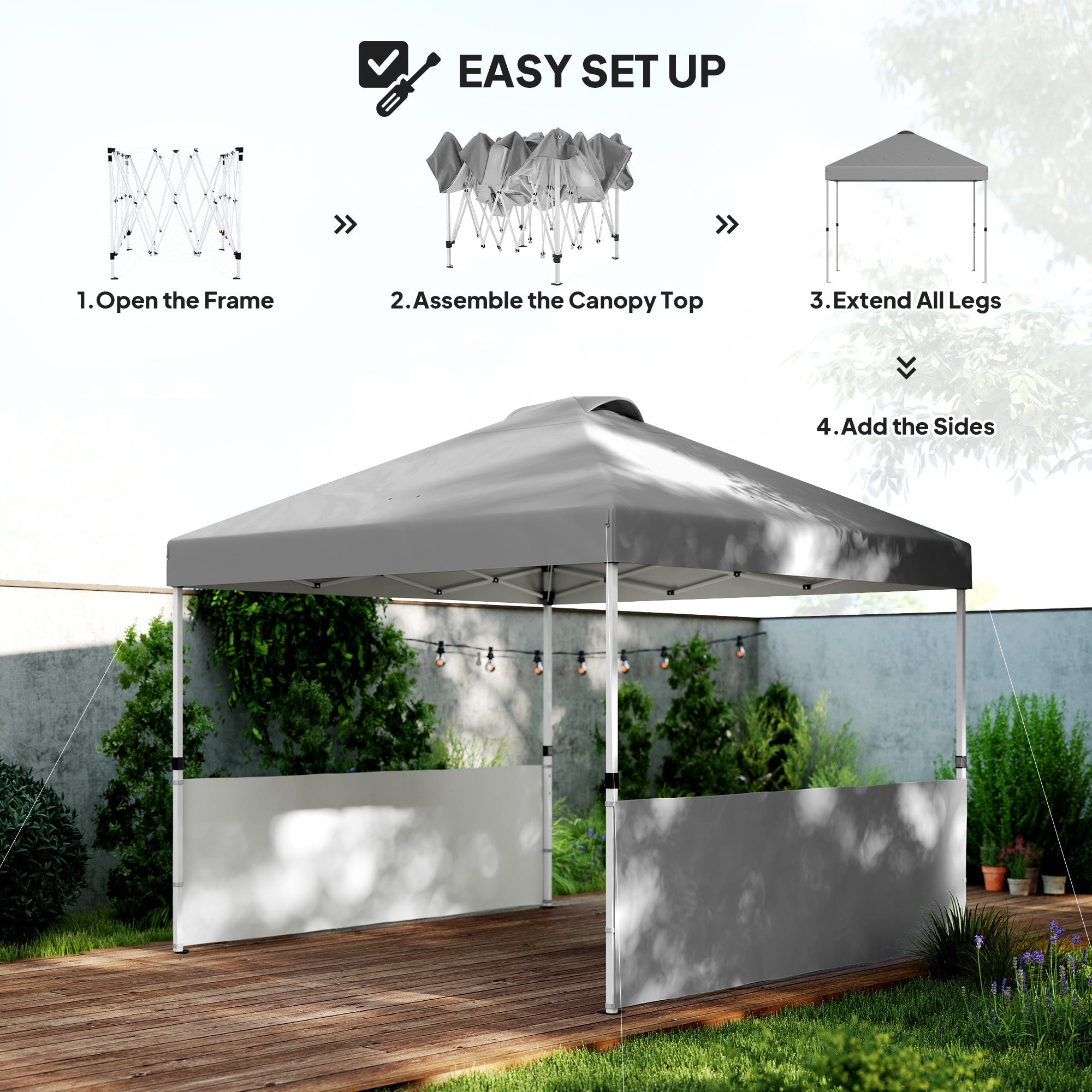 Outsunny 10' x 10' Pop Up Canopy Tent with 2 Half Sidewalls, UV50+ Height Adjustable Instant Sun Shelter, Dark Grey 