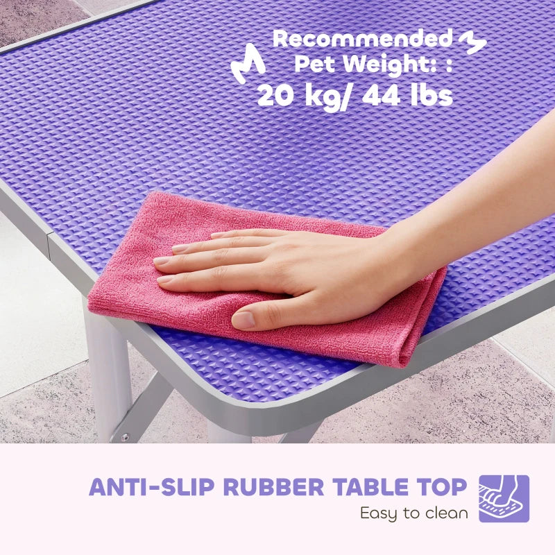 Foldable Pet Grooming Table for Dogs Cats with Adjustable Arm, Non-slip Surface, Purple
