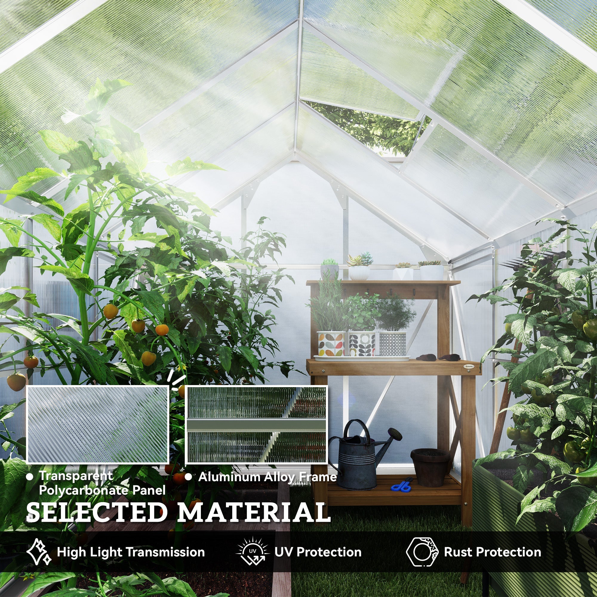 Outsunny 6' x 10' x 6.6' Polycarbonate Greenhouse, Walk-In Green House Kit Garden, Plants Grow, Galvanized Sheet Aluminum Frame with Rain Gutter, Vents and Sliding Door, Sliver 