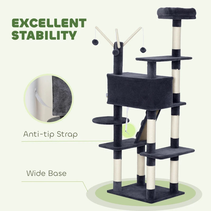 59 Inch Large Cat Tree with Sisal Scratching Posts, Cozy Condo, Top Perch, Ladder and Interactive Balls, Dark Grey