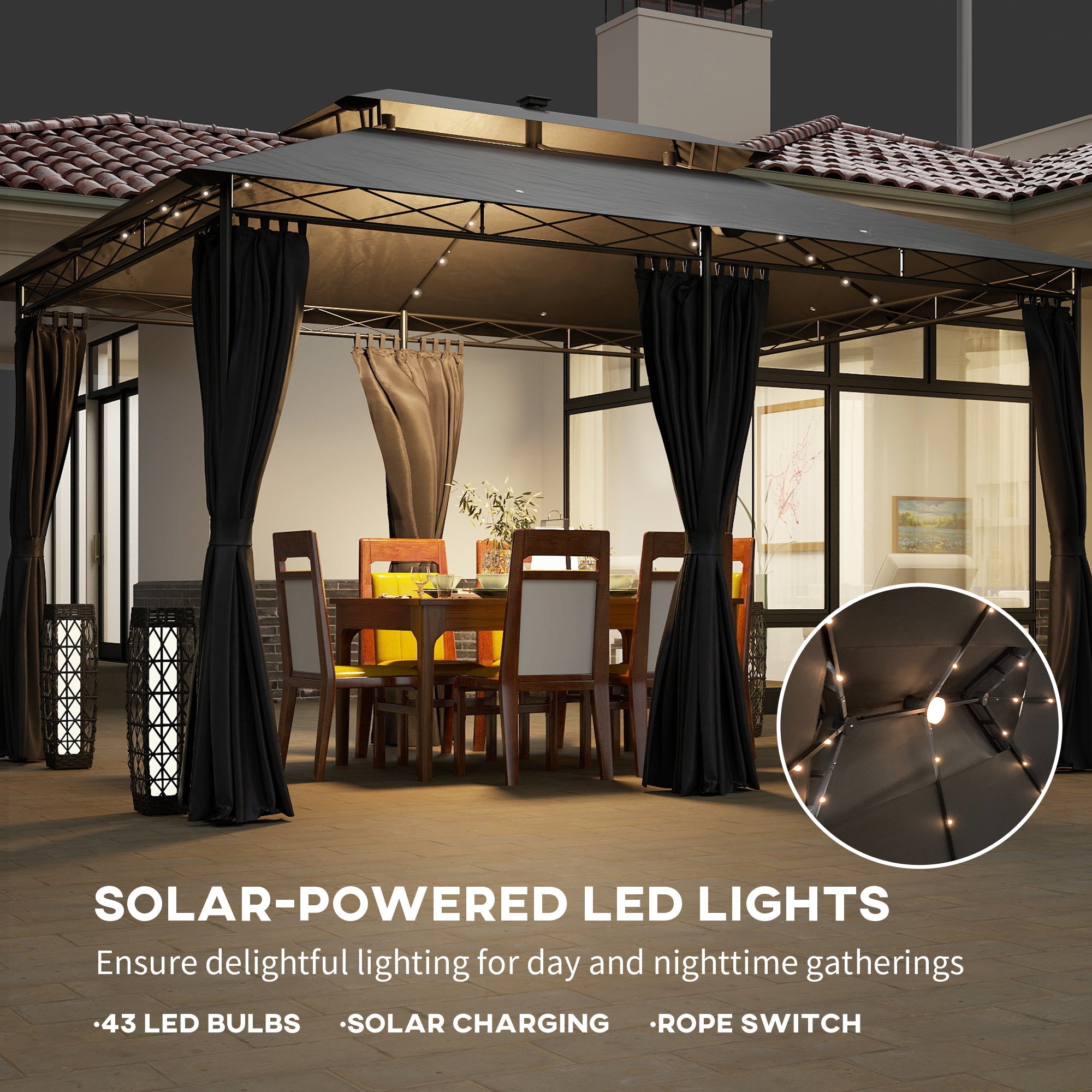 Outsunny 10' x 13' Outdoor Gazebo with Curtains and Solar-Powered LED Lights, Double Roof Patio Gazebo Canopy Shelter 