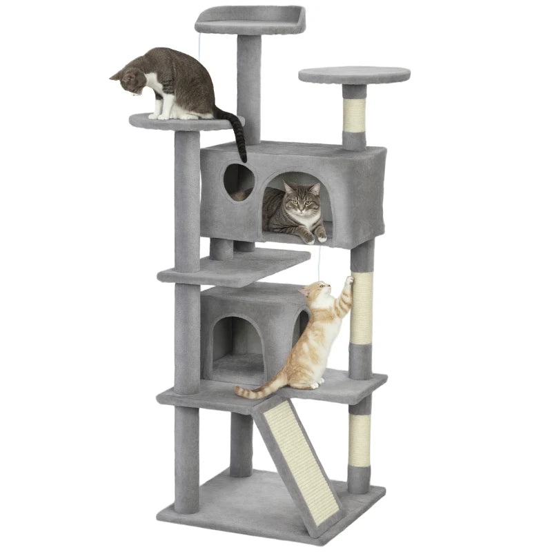 54" Cat Tree, Multi-Level Cat Tower with Scratching Posts, Cat Condos, Bed, Platforms, Ramp, Toy Ball, Light Grey