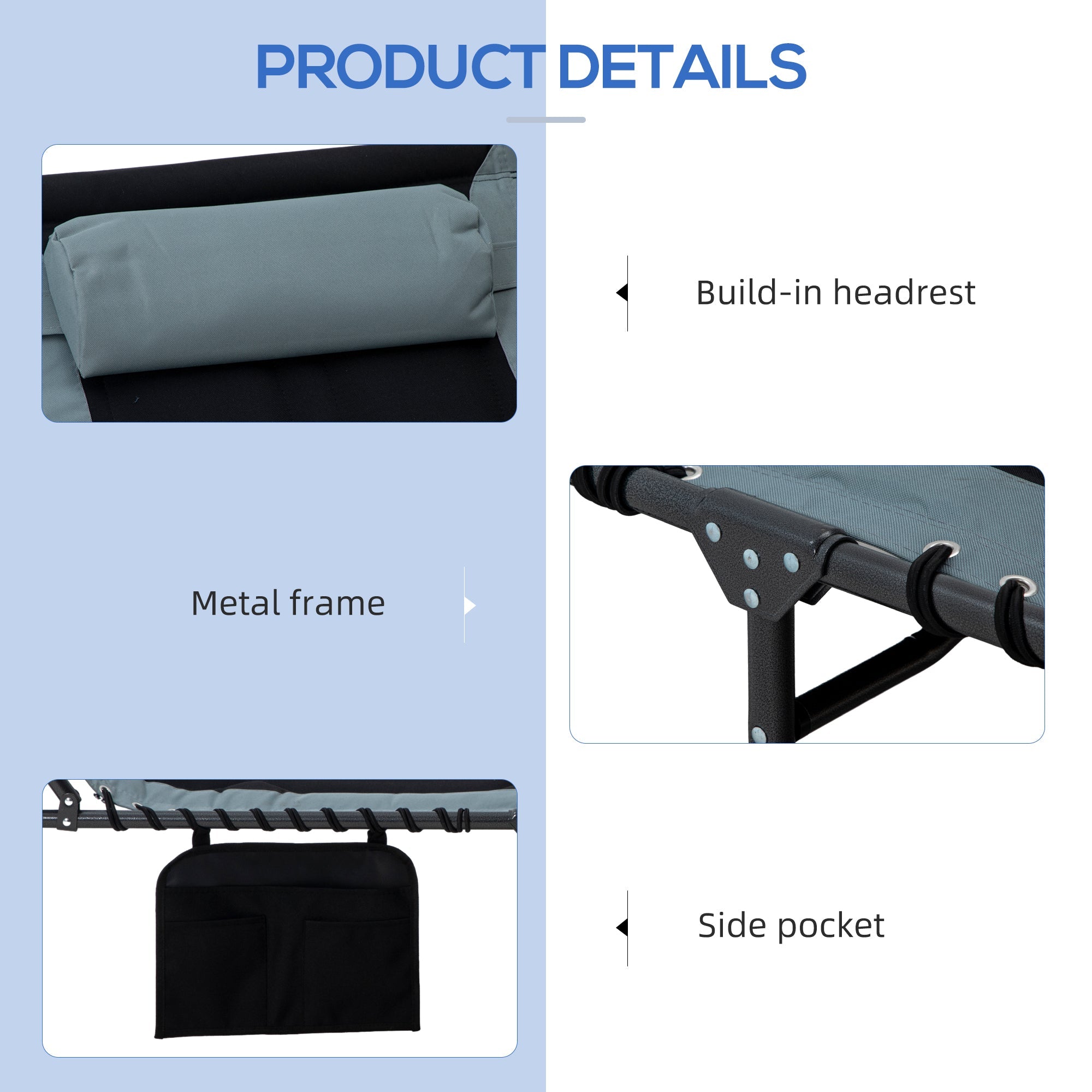 Outsunny Portable Folding Chaise Lounge Chair 5-Level Reclining Outdoor Chair with Side Pocket Headrest Black 