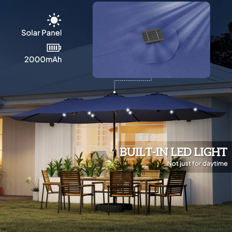 Double-sided Patio Umbrella with Base Included & 48 LED Lights 15ft Dark Blue