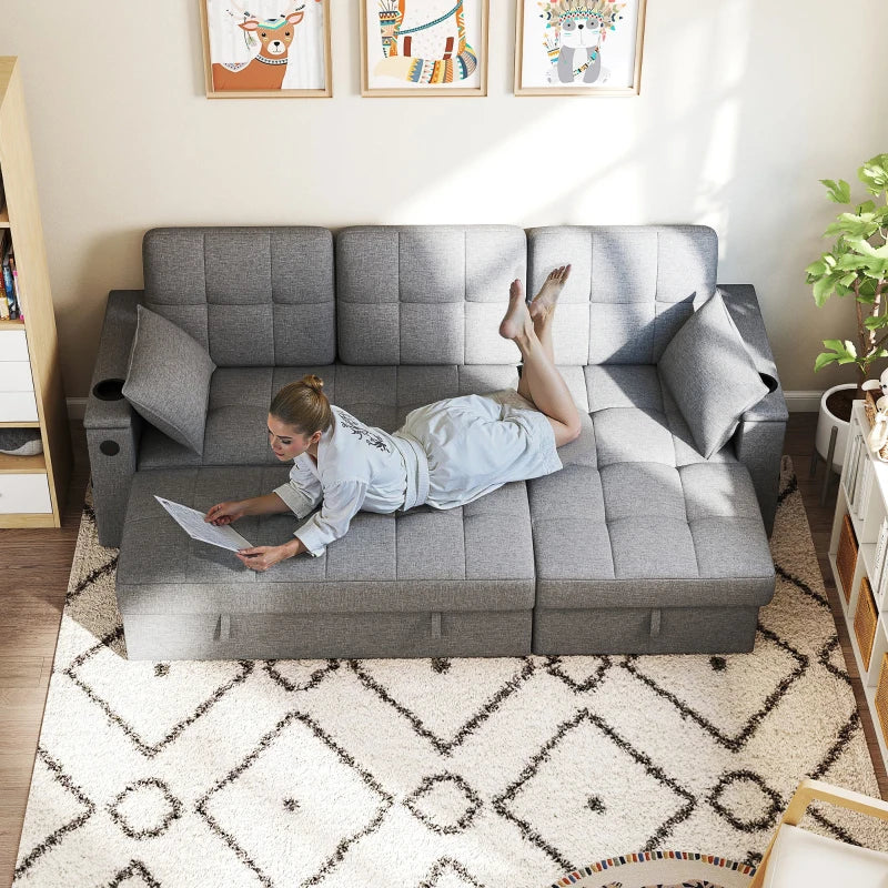 Convertible Sectional Sofa Bed, Pull Out Sleeper Sofa Couch with USB‑A+C, Chaise Storage, L-Shaped Futon Couch, Grey