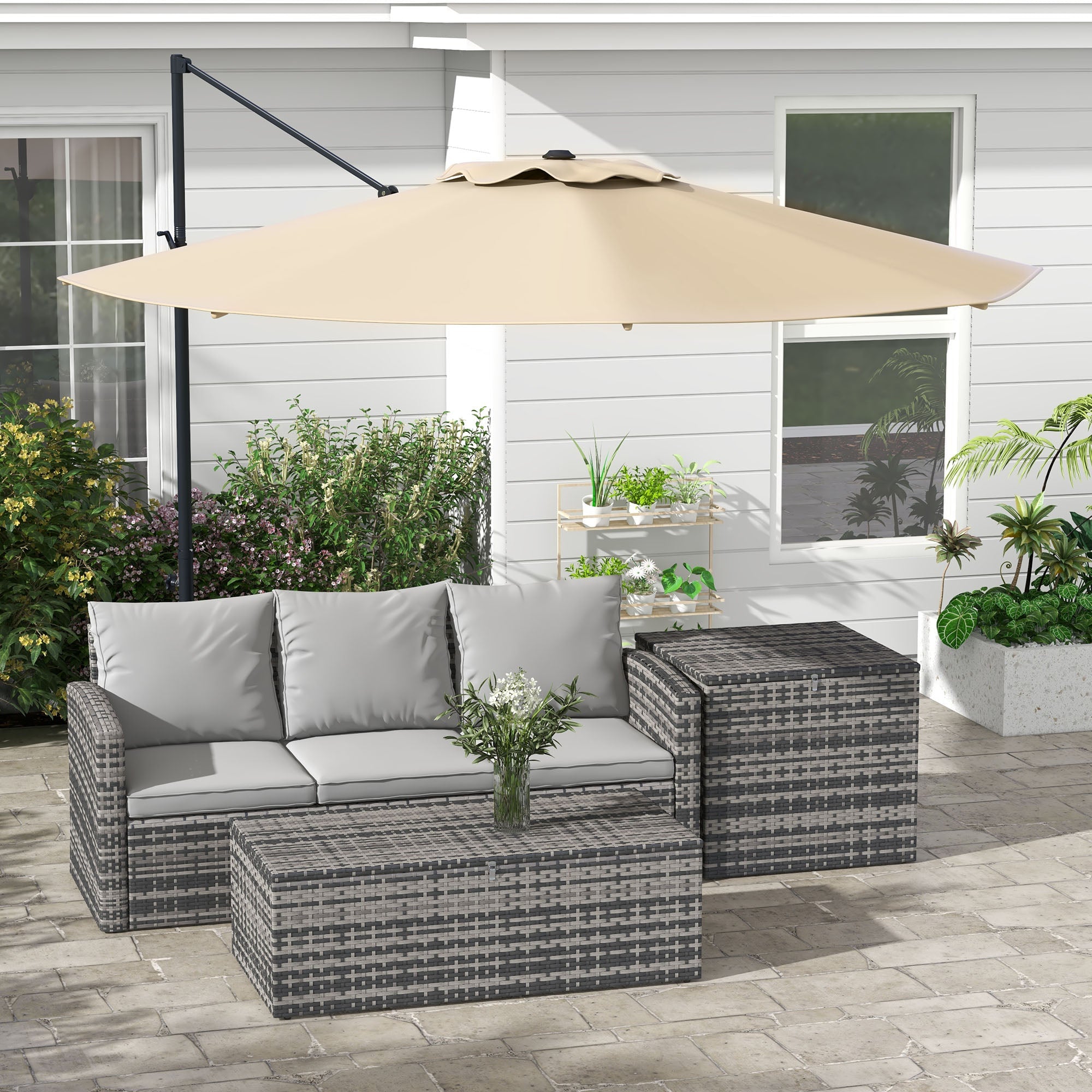 Outsunny 10ft Aluminum Patio Cantilever Umbrella with 360 Degree Rotation Crank Tilt Mechanism Cross Base for Outdoor Khaki 