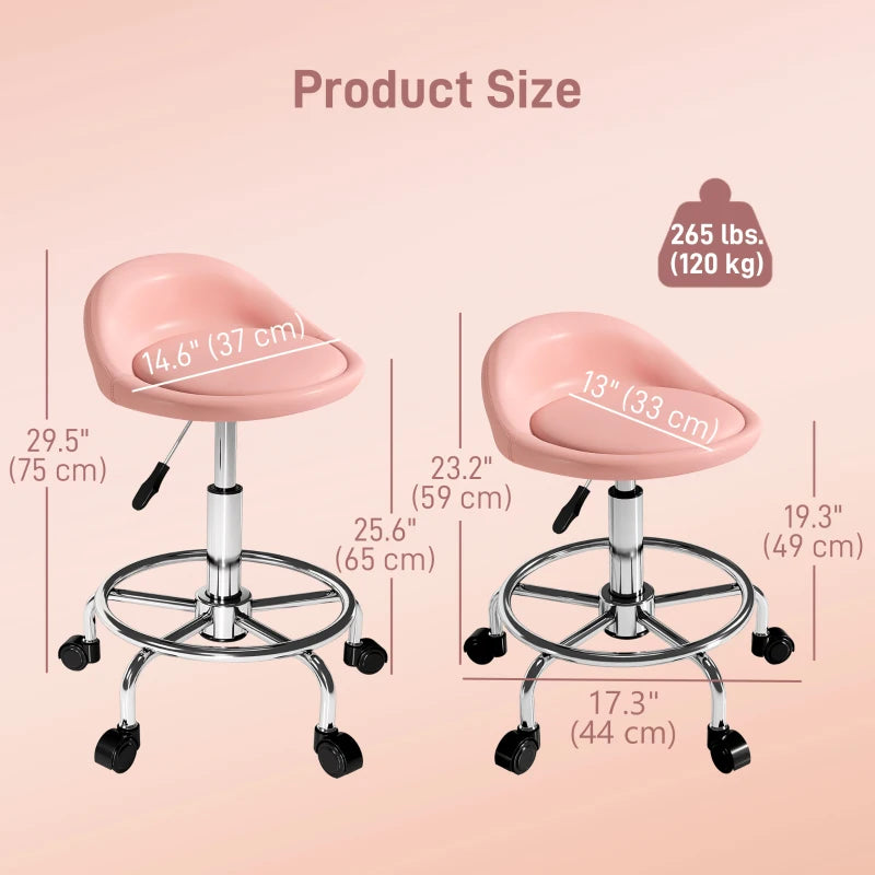 PU Leather Rolling Stool, Height Adjustable Swivel Salon Chair with Backrest and Foot Rest for Spa, Tattoo, Pink