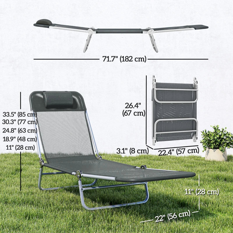 Folding Lounge Chair, Portable Tanning Chair with Adjustable Backrest, Pillow for Beach Poolside Patio, Dark Grey