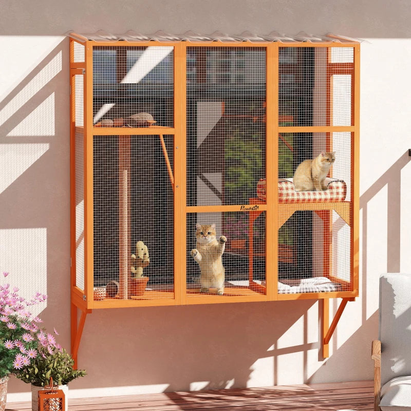Wooden Catio Outdoor, Cat Window Box Enclosure for 2-3 Large Cats with 2 Jumping Platforms & Scratching Post, Orange