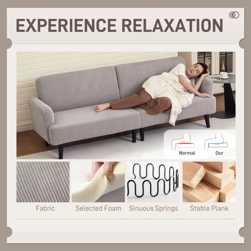 Modern Couch, 3 Seater Sofa, Corduroy Loveseat with Rubberwood Legs and Extra-Wide Seat, Light Grey