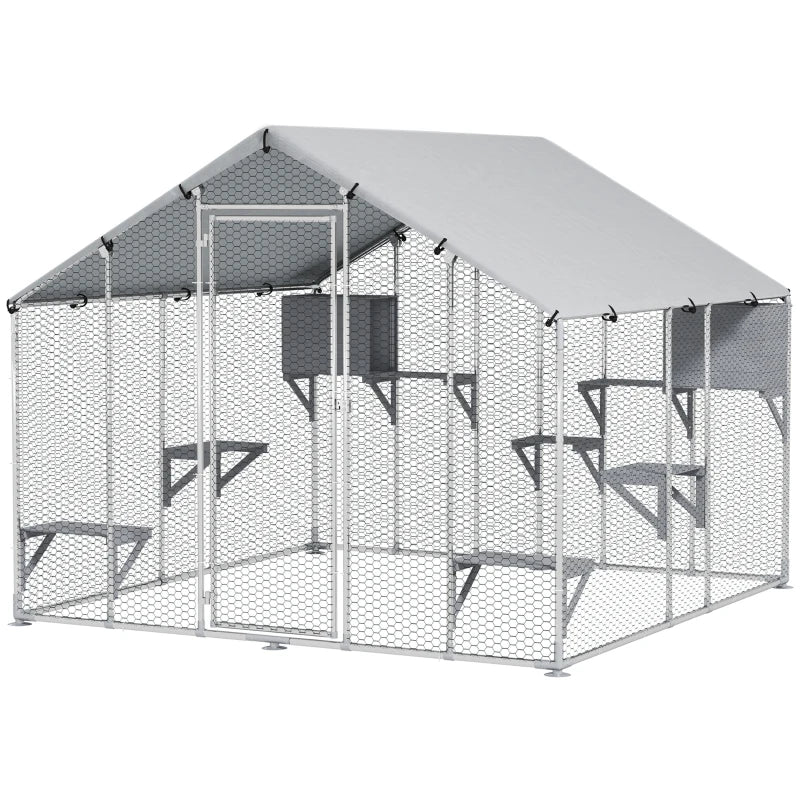 94.5" Extra Large Metal Outdoor Catio with Waterproof Cover, 2 Resting Boxes, 7 Platforms, for Multiple Rabbits, Chicken