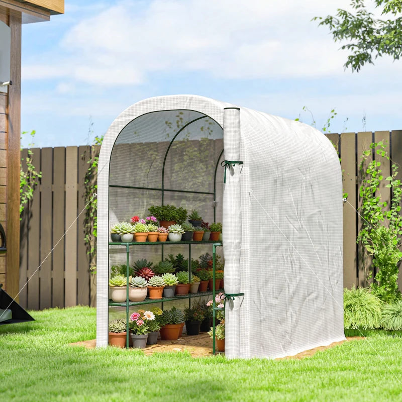 Walk-in Mini Greenhouse with Shelves, Portable Outdoor Greenhouse with Roll-up Door, 123 x 187 x 189 cm, White