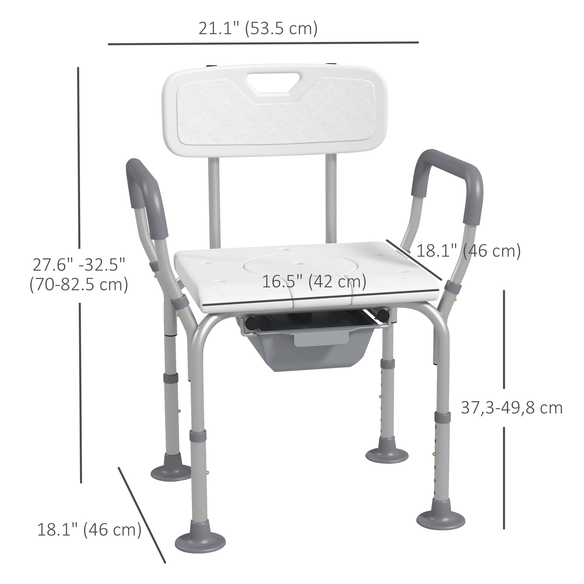 HOMCOM 3-in-1 Shower Chair with Back, Adjustable Bedside Commode, Raised Toilet Seat w/ Rubber Foot Pad for Seniors, Disabled 