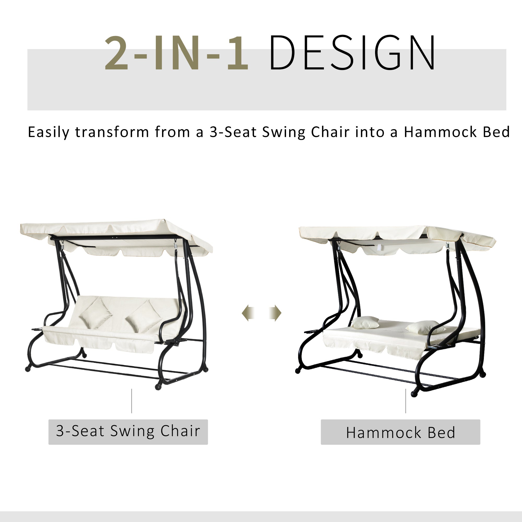 Outsunny 3 Seater Patio Swing Chair Convertible Cushioned Bed Outdoor Porch Backyard with Canopy and Pillow Cream White 