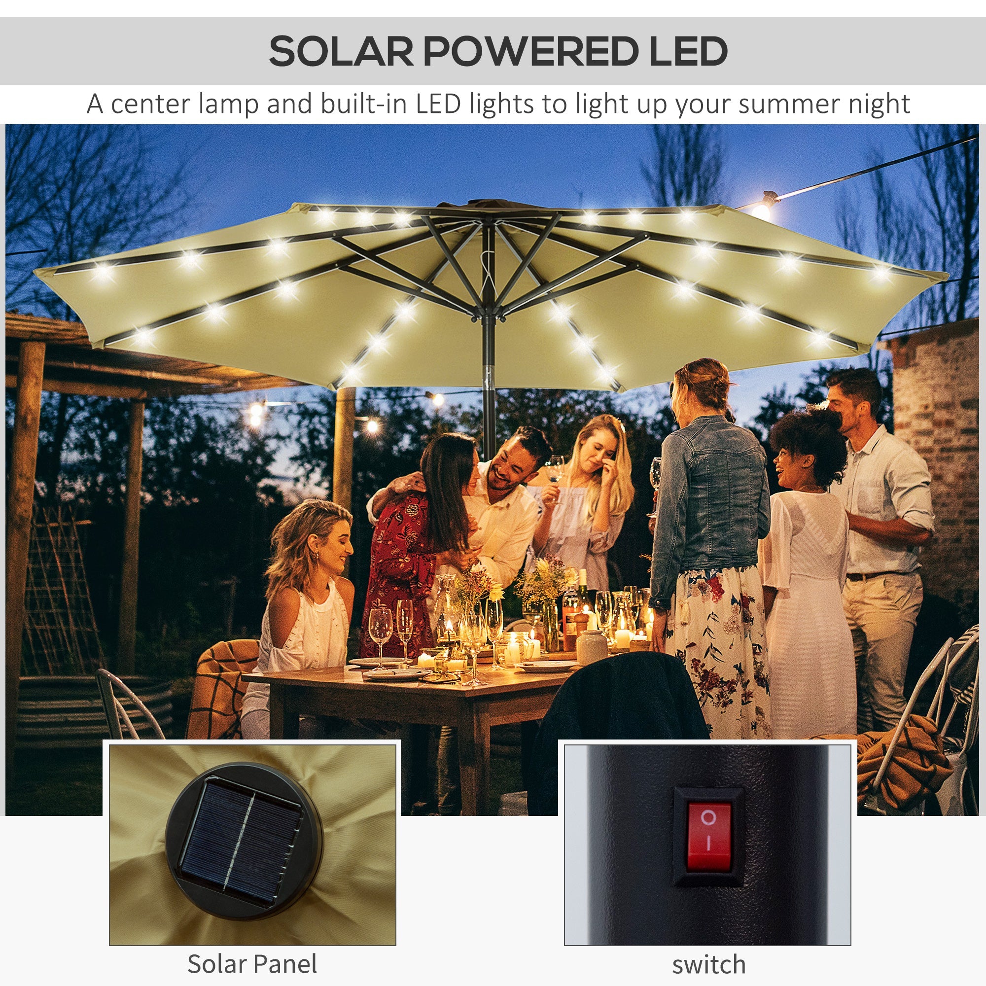 Outsunny Solar Radiance Parasol: 9ft Outdoor Sunshade with 24 LED Lights, Tilting Canopy Umbrella Brown 