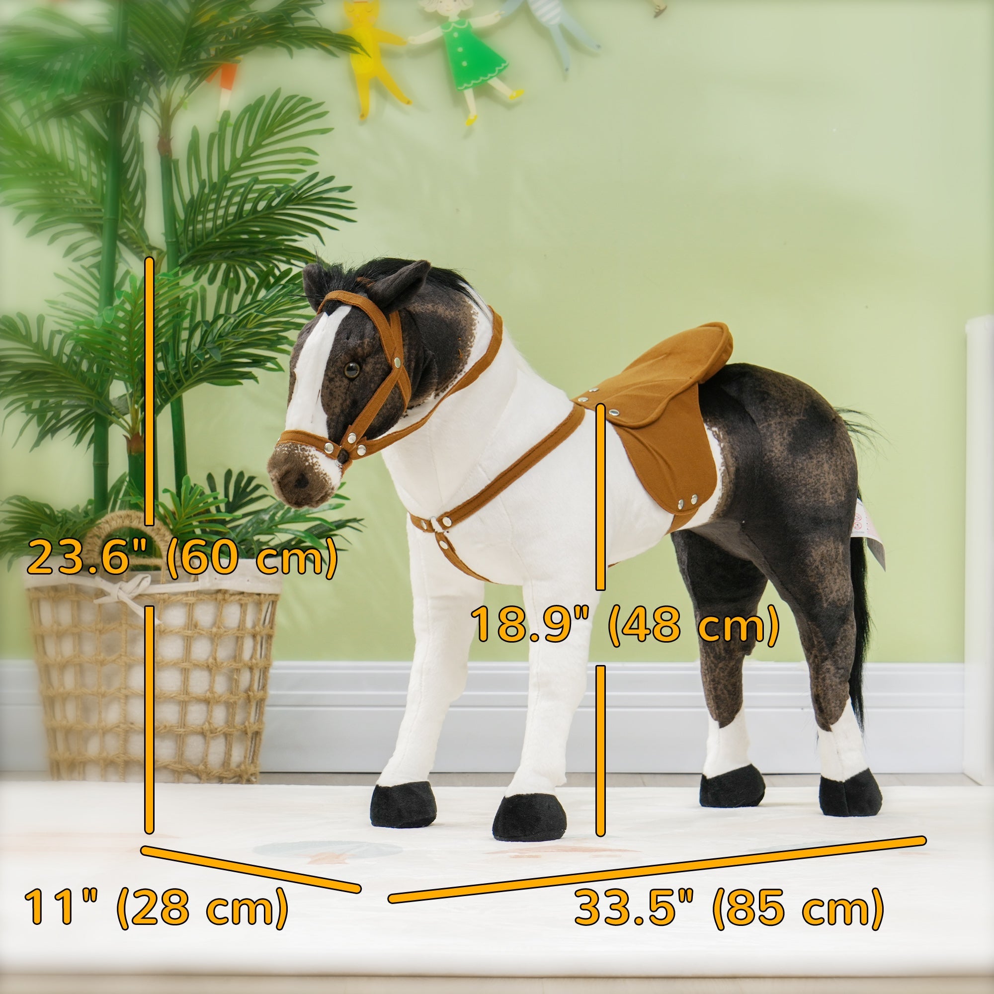 Qaba Standing Ride on Horse, Plush Pony Toy for Kids with Neighing Sound, Soft Padding, for Aged 3-8, Brown 