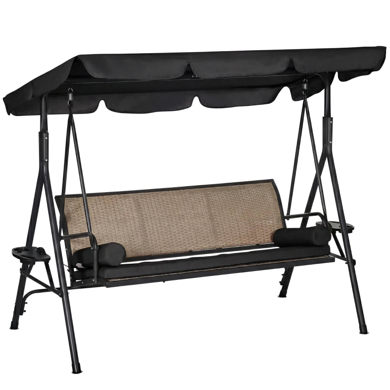 Outdoor 3-Seat Porch Swing with Canopy, Rattan Seat, Removable Cushion, Pillows and Steel Frame