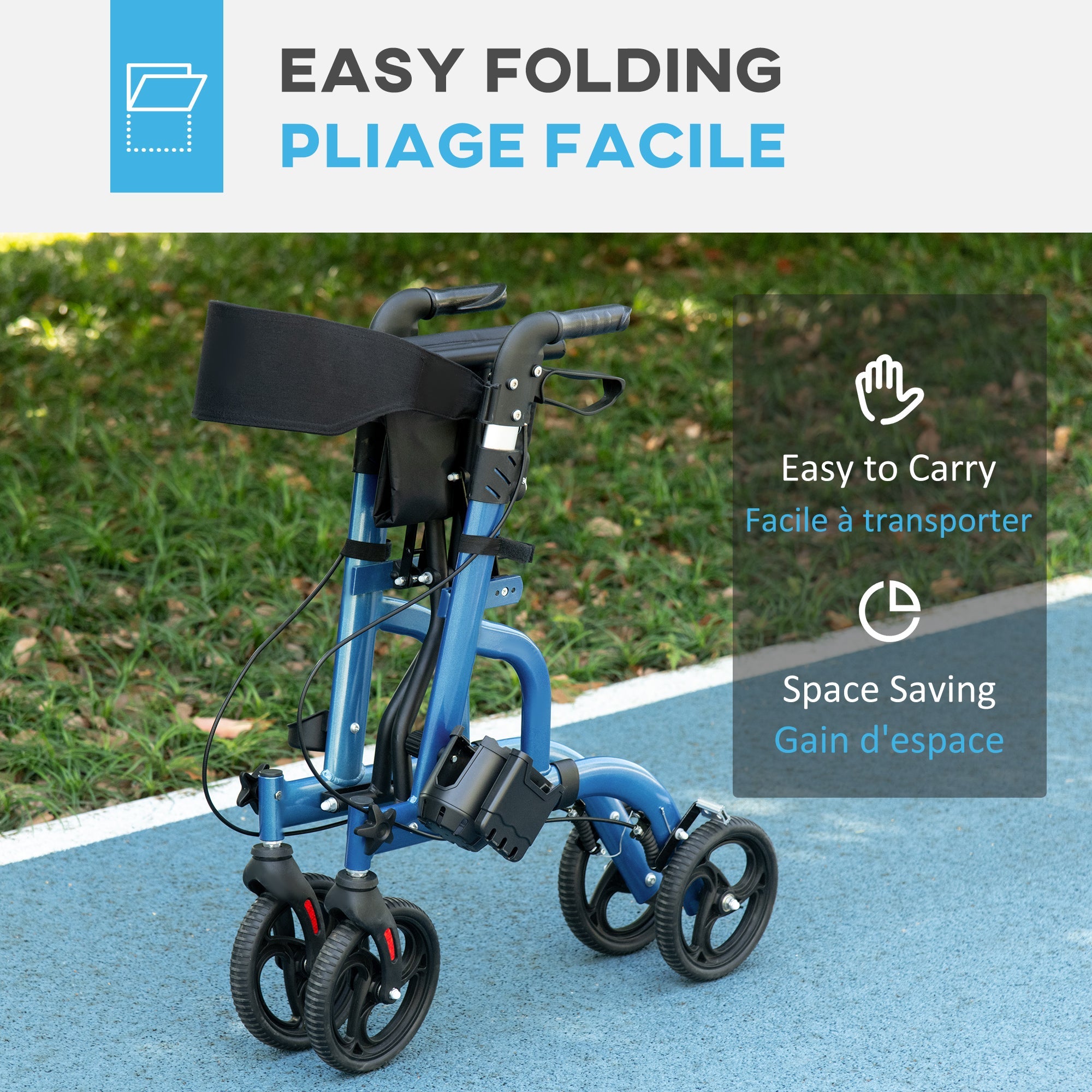 HOMCOM Rollator Walker with 8'' Wheels, Padded Seat and Backrest, Aluminium Lightweight Folding Rolling Walker, Blue 