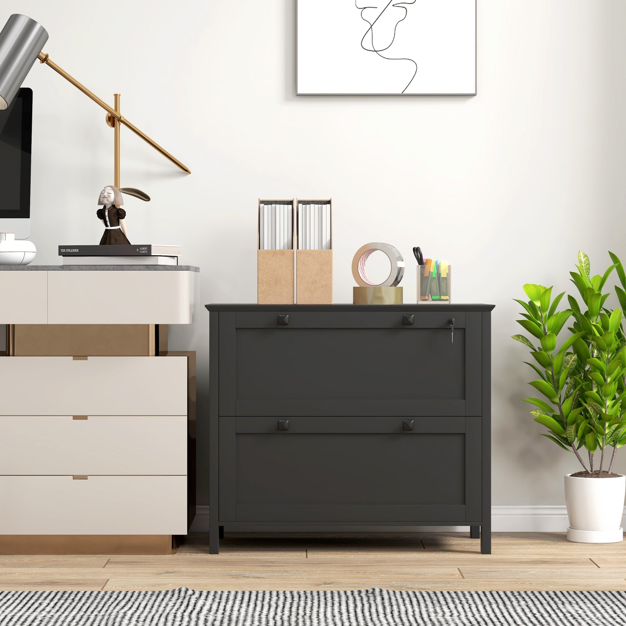 HOMCOM Lockable 2 Drawer File Cabinet for Letter, A4, Legal Size Documents with Adjustable Hanging Bar in Black 