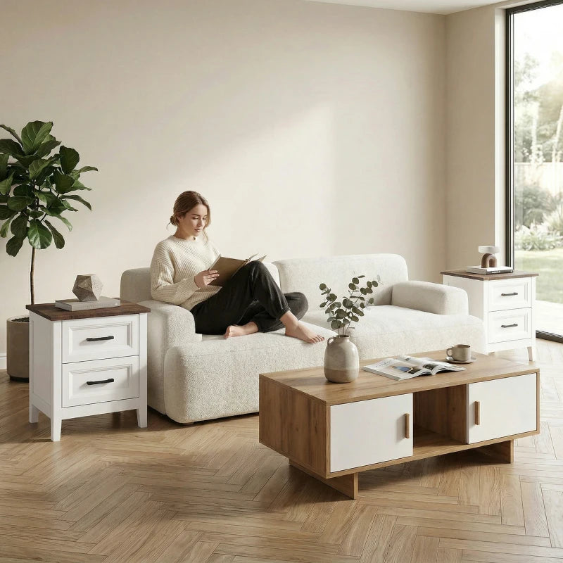 HOMCOM Farmhouse Nightstand Set of 2 with 2 Drawers, Wood-Effect Top Bedside Tables for Bedroom & Living Room – White