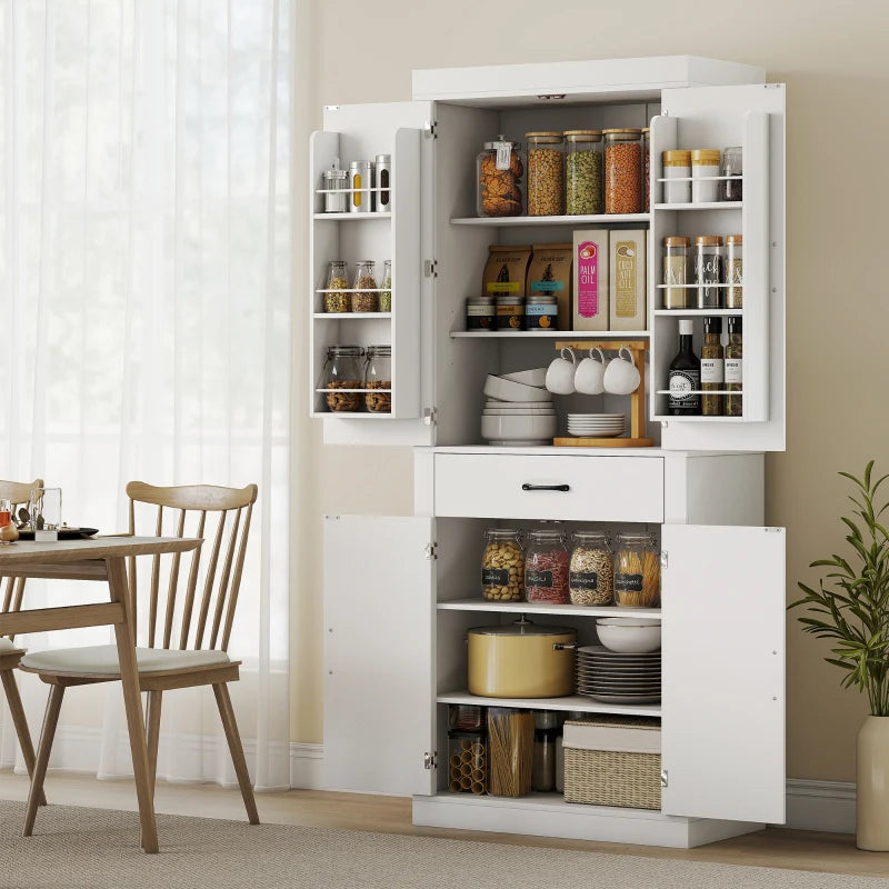 72" Kitchen Pantry Cabinet, Farmhouse Kitchen Storage Cabinet with 4 Barn Doors, 6 Door Shelves, Drawer, White