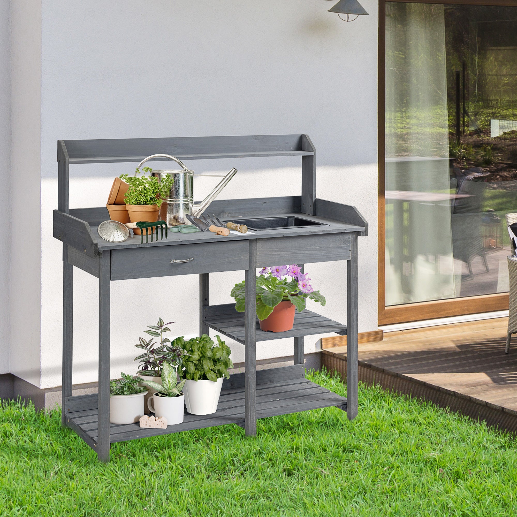 Outsunny Potting Bench Table Garden Work Bench Workstation with Drawer, Removable Sink, Storage Shelves and Hooks 