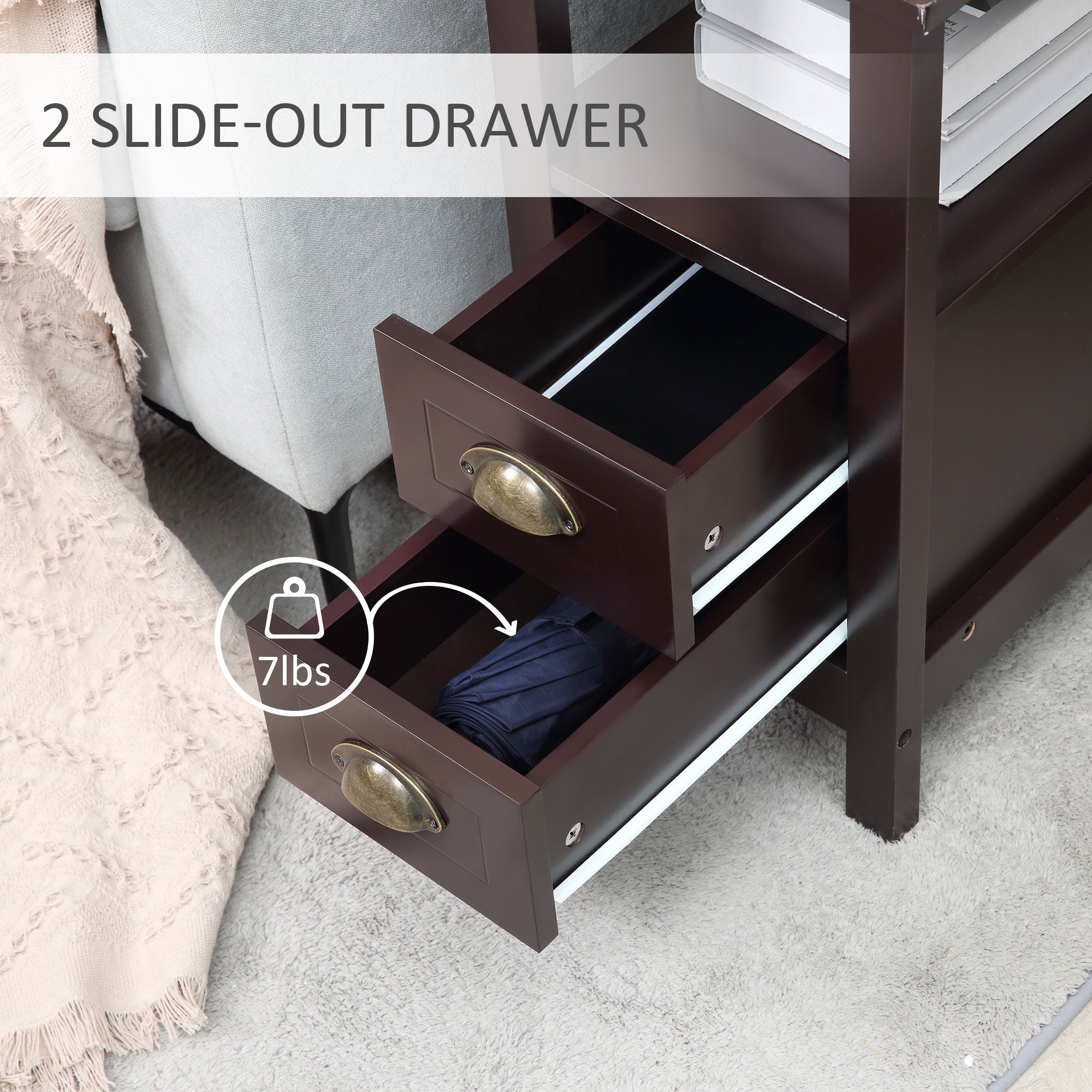 HOMCOM Slim Side Table: Narrow End Table with 2 Drawers and Storage Shelf, Sofa Side Table for Living Room, Compact Nightstand 