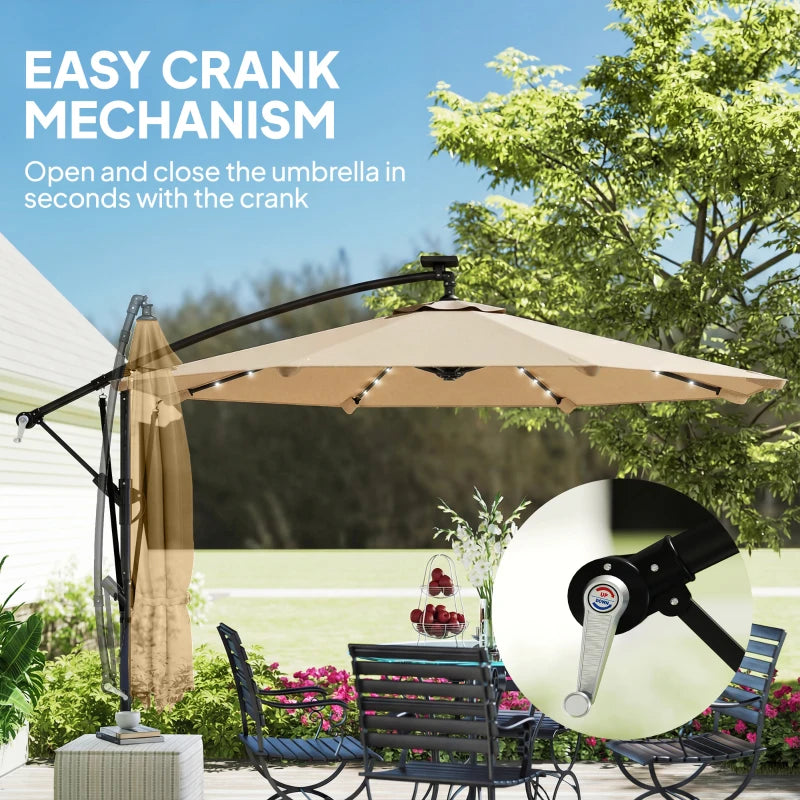9.7ft Solar LED Cantilever Patio Umbrella with 32 LED Lights, Cross Base, Crank Handle, for Poolside, Deck, Khaki