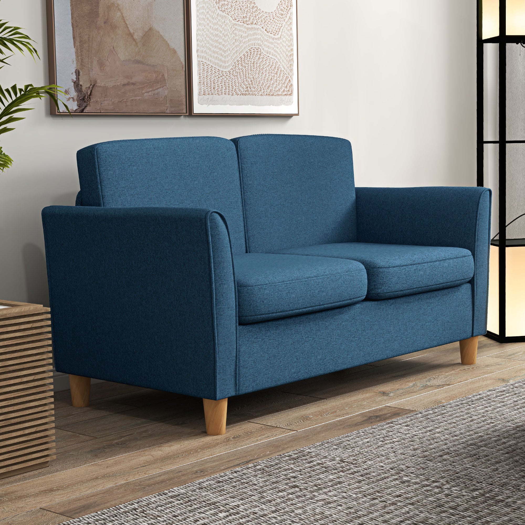 HOMCOM 2-Seat Sofa Two-Seater Couch with Armrests and Wood Legs for Living Room, Bedroom, Blue 