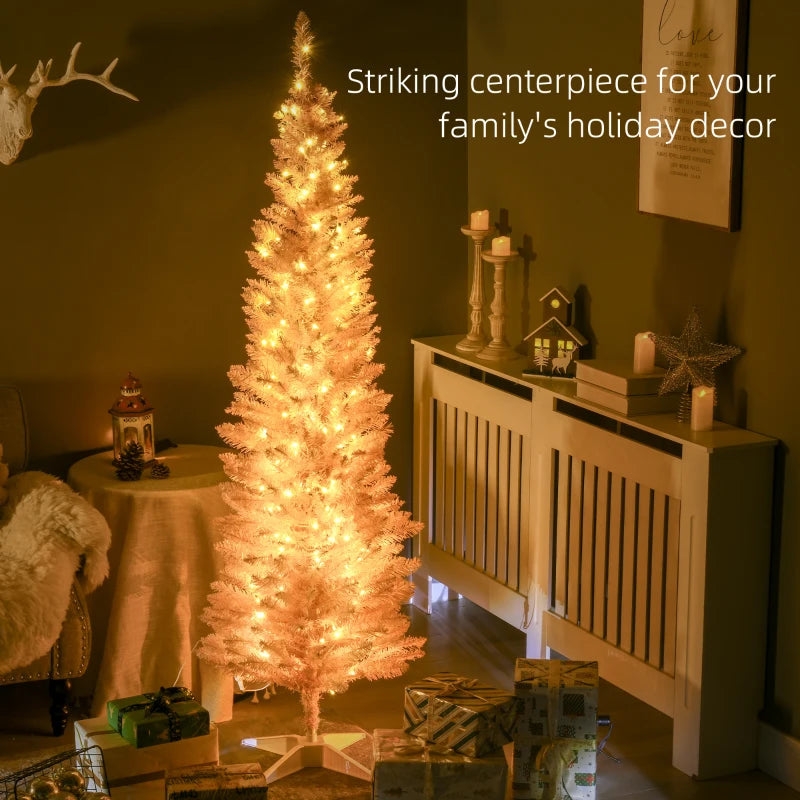 HOMCOM 6ft Pre-Lit Pencil Christmas Tree with Warm White LED Lights – Pink