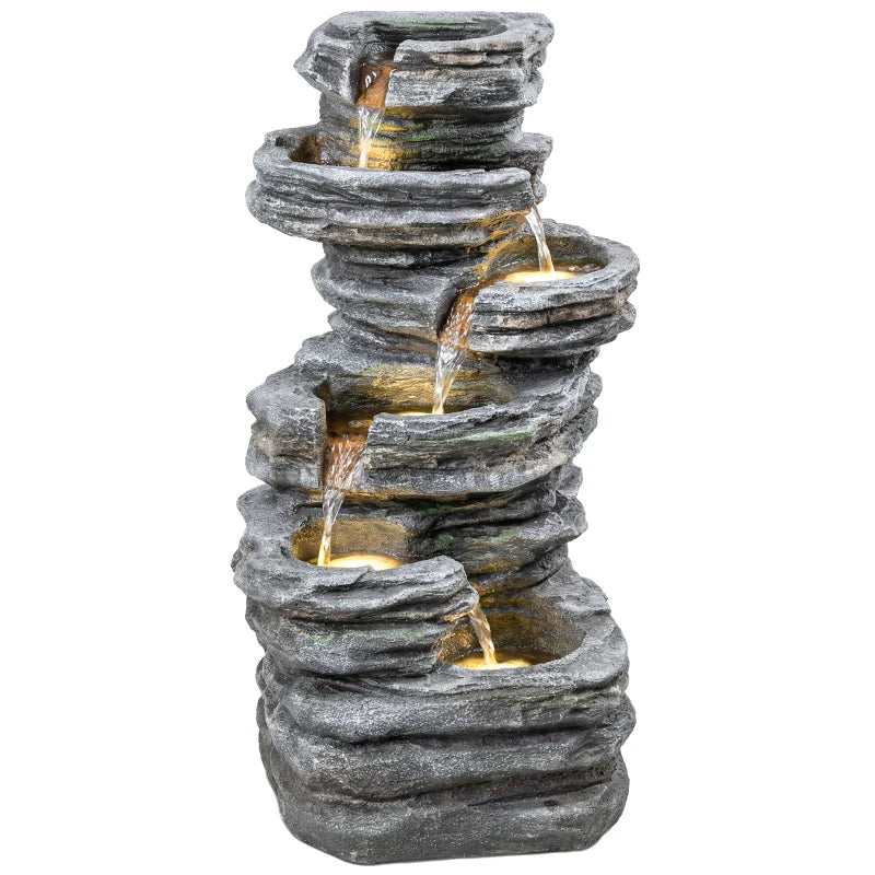 Outdoor 6-Tier Water Fountain, Waterfall Fountain with LED Lights, Resin Waterfall Feature with Pump, Grey