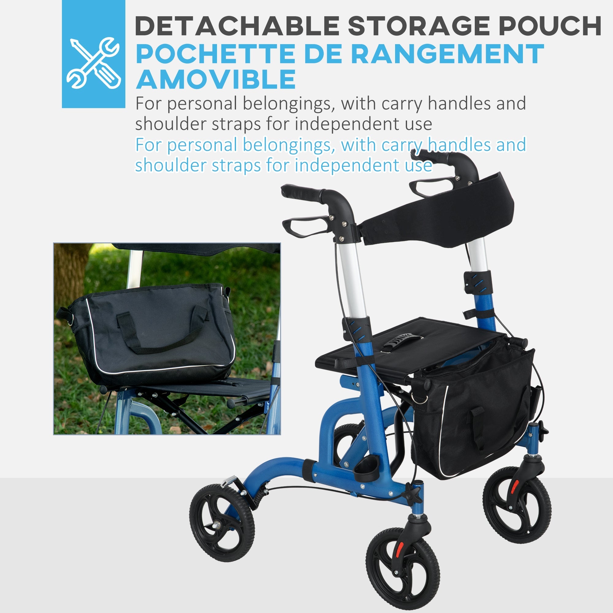 HOMCOM Rollator Walker with 8'' Wheels, Padded Seat and Backrest, Aluminium Lightweight Folding Rolling Walker, Blue 