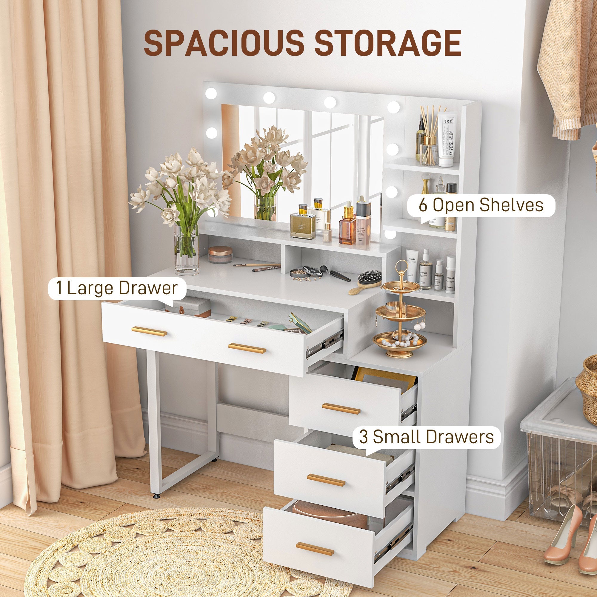HOMCOM Illuminated Dresssing Table, LED Vanity Table with Mirror, Drawer and Storage Shelves for Bedroom, White 