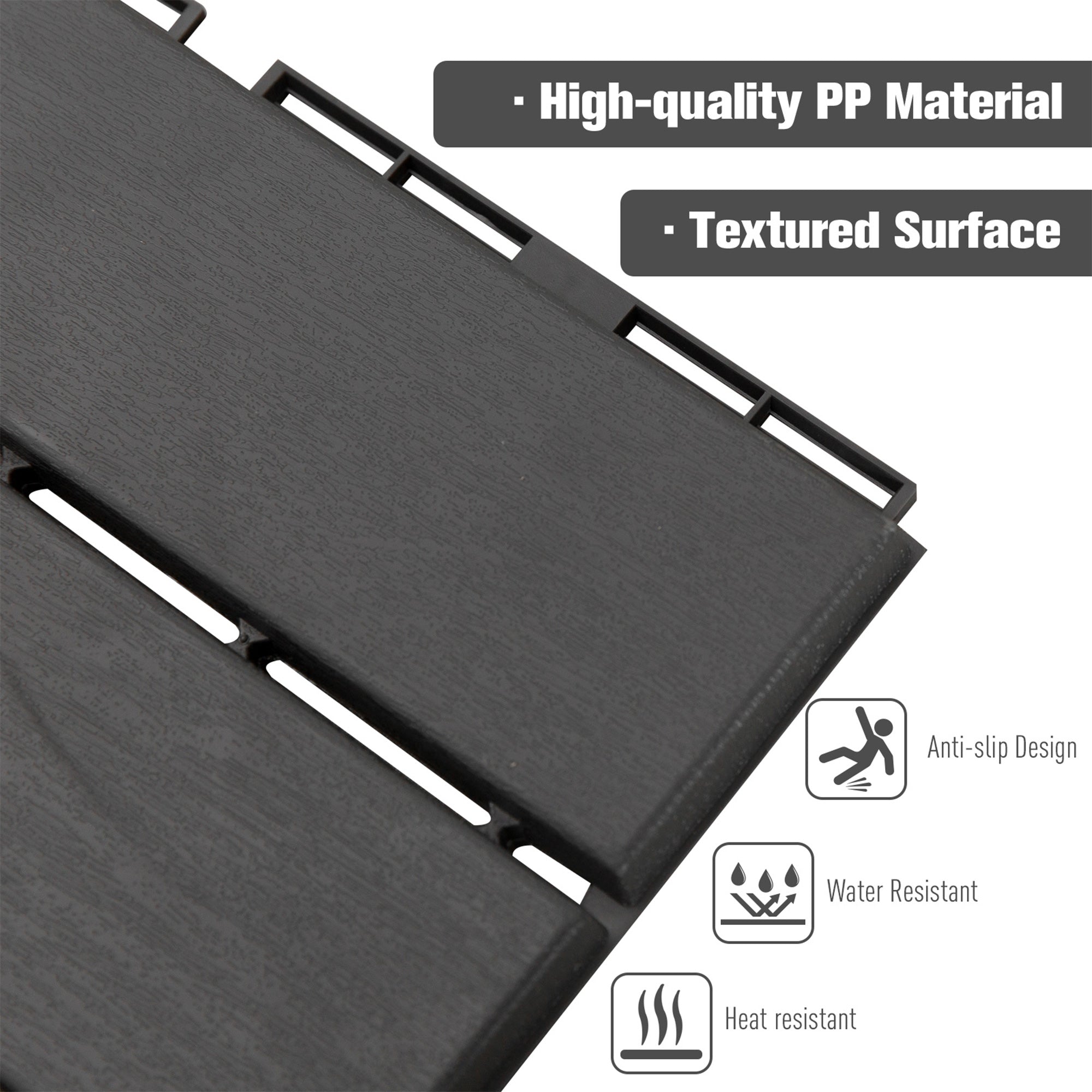 Outsunny 9 Pcs PP Interlocking Composite Deck Tile, 12" x 12" Outdoor Flooring Tiles for Indoor and Outdoor Use, Black 