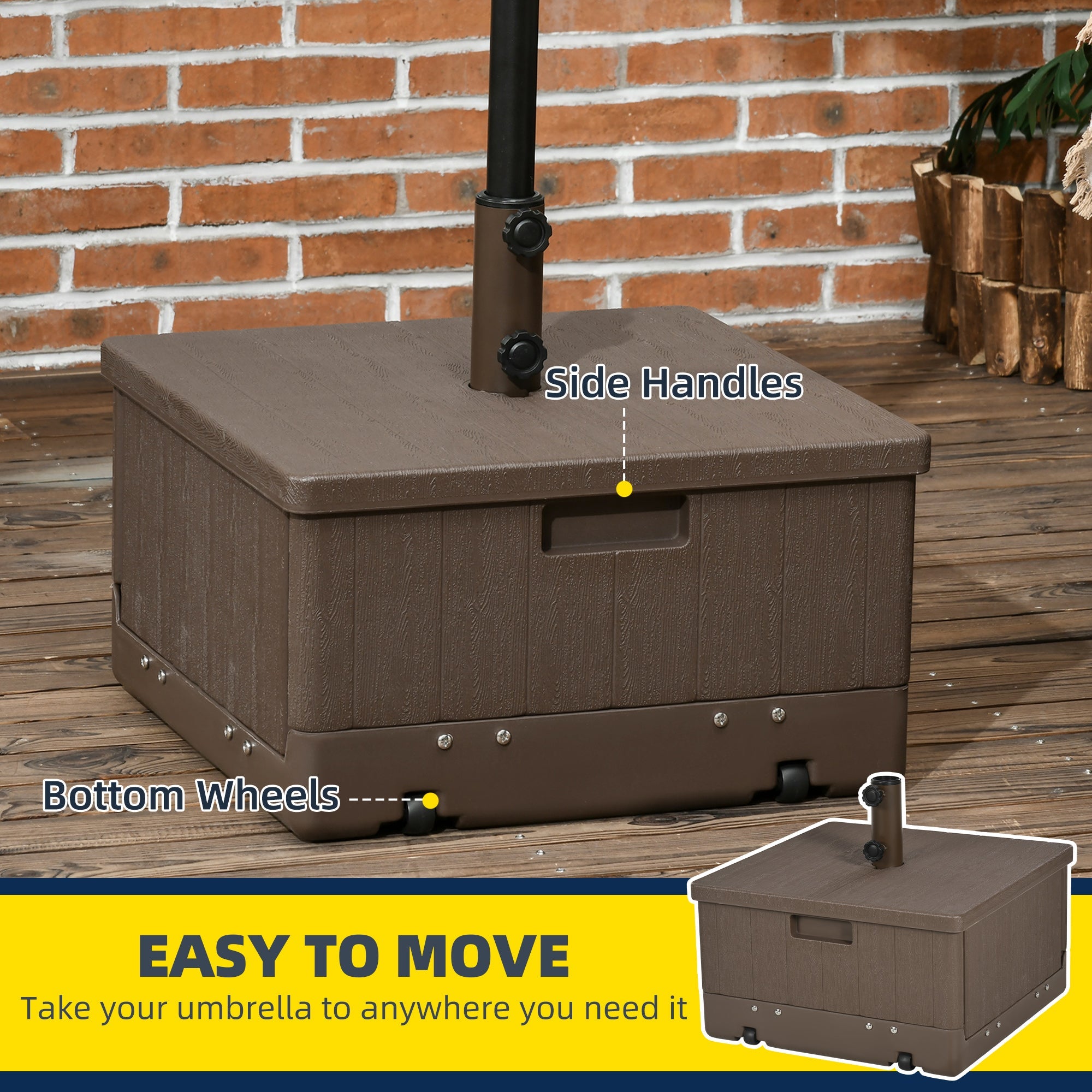 Outsunny 3-in-1 Outdoor Umbrella Base with Wheels, Side Table, Planter Box, 175lbs Heavy Duty Patio Umbrella Stand, Brown 