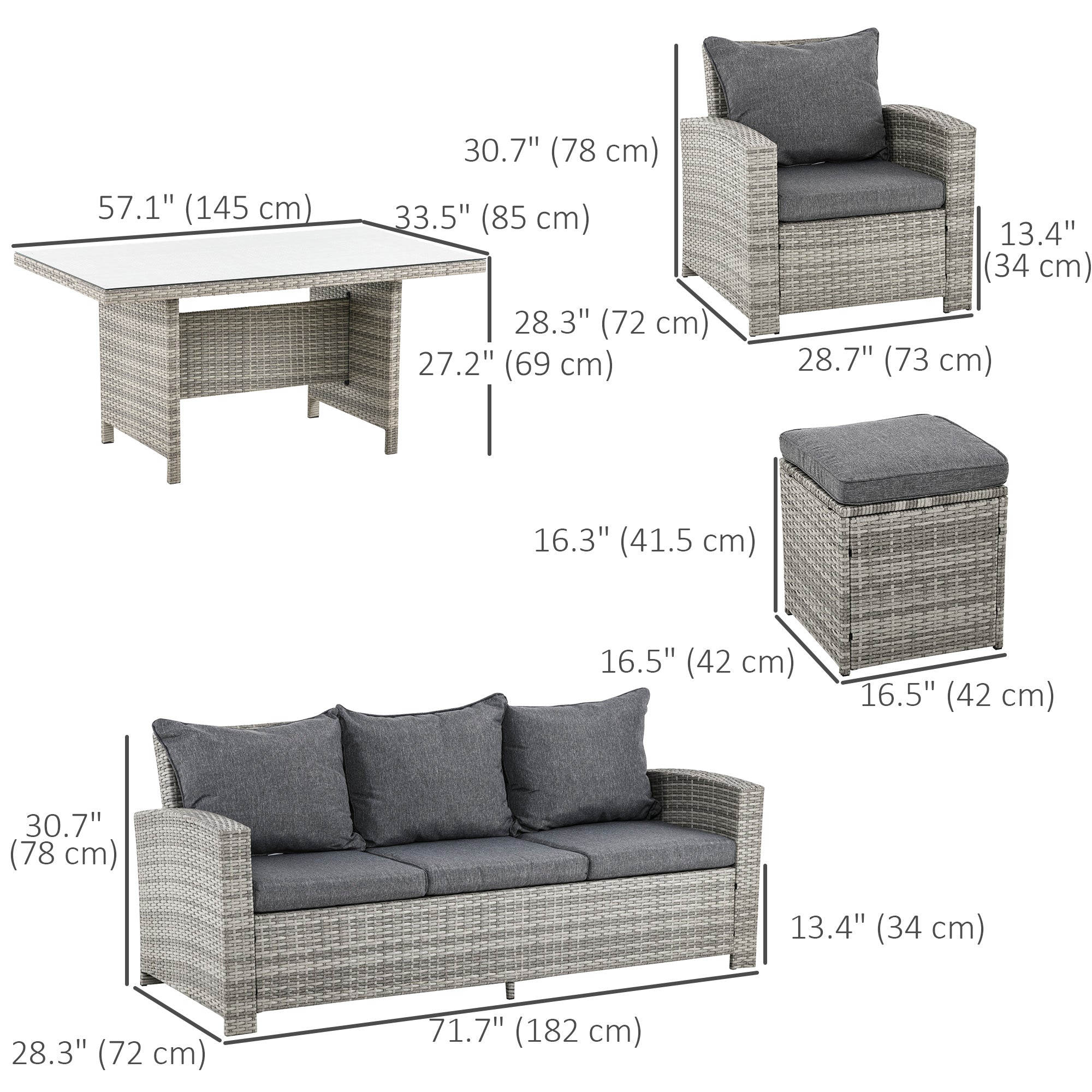 Outsunny 6 Pcs Patio Furniture Set, Rattan Outdoor Furniture Set with 3 Seater Sofa, Armchairs, Footstools and Table, Light Grey 