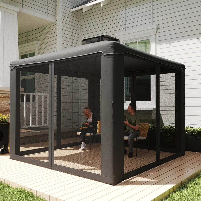 9.6' x 9.6' Patio Gazebo Outdoor Pavilion 2 Tire Roof Canopy Shelter Garden, Steel Frame w/ Mosquito Netting, Dark Grey