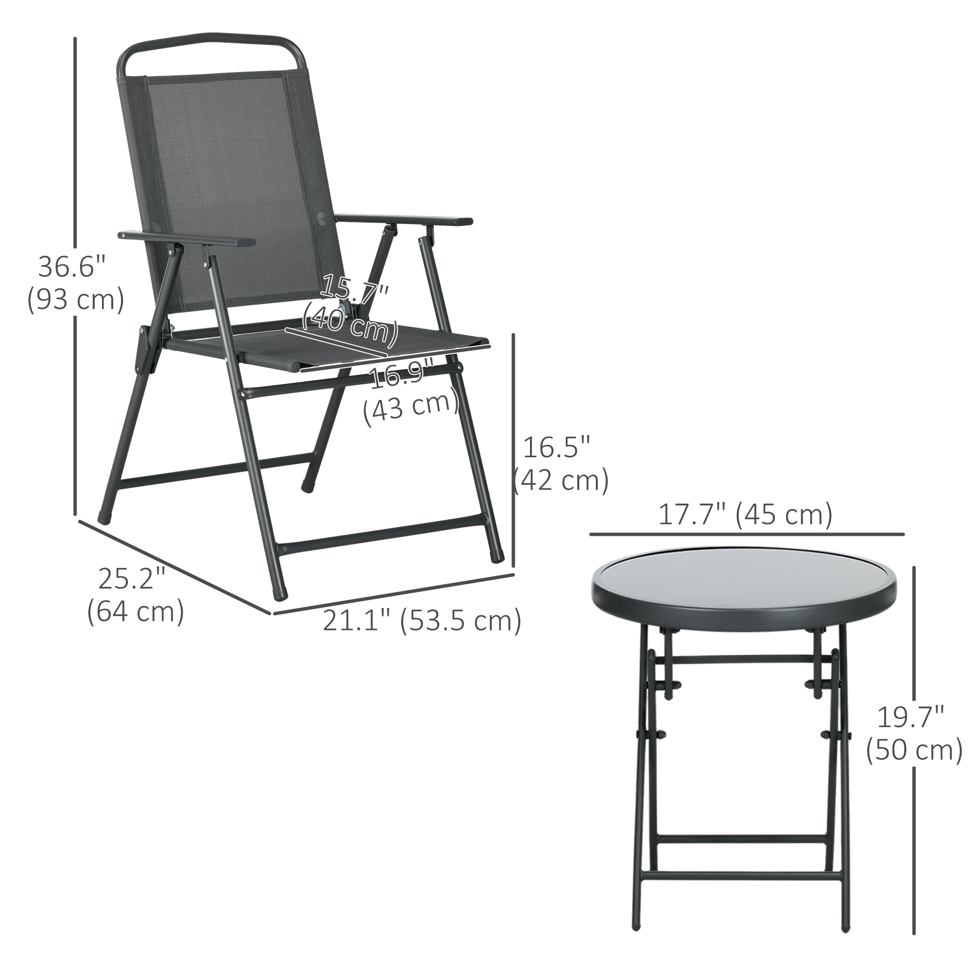 Outsunny 3 Pieces Bistro Set, Foldable Patio Furniture Set with Mesh Chairs, Glass Table for Garden, Balcony, Charcoal Grey 
