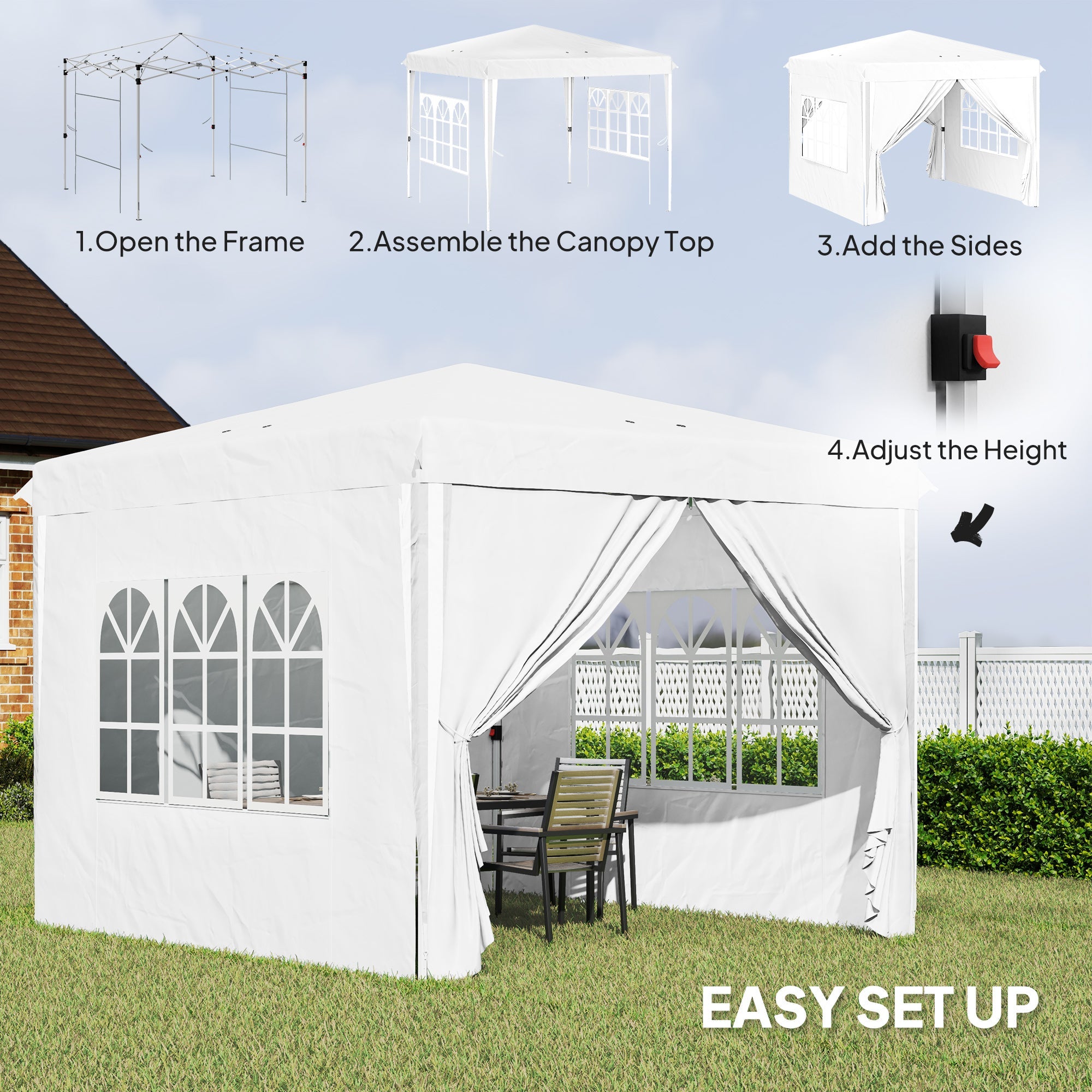 Outsunny 10' x 10' Pop-Up Canopy Tent with Sidewalls, Height-Adjustable, Carry Bag Included, for Outdoor, Garden, Patio, White 