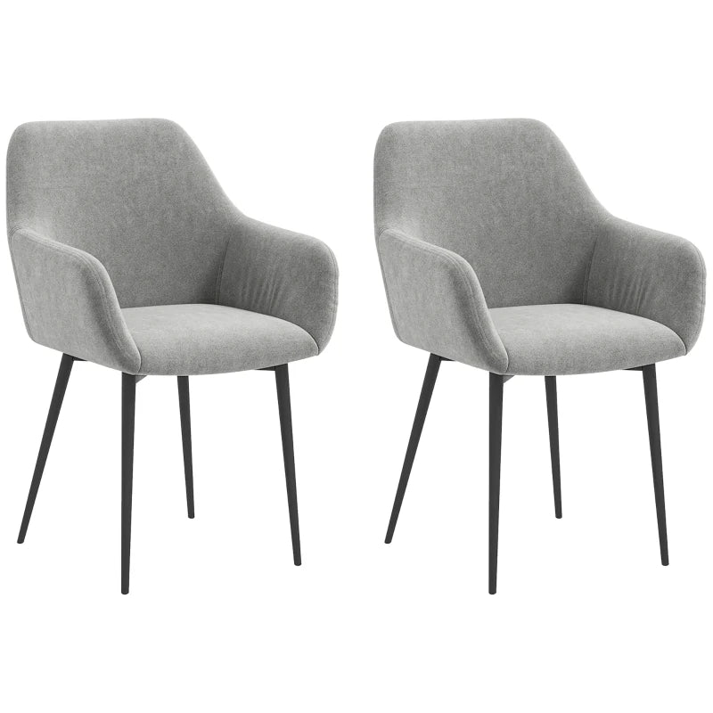 Dining Chairs Set of 2, Velvet-look Fabric Upholstered Kitchen Chairs with Backrest, Armrests and Steel Legs, Dark Grey