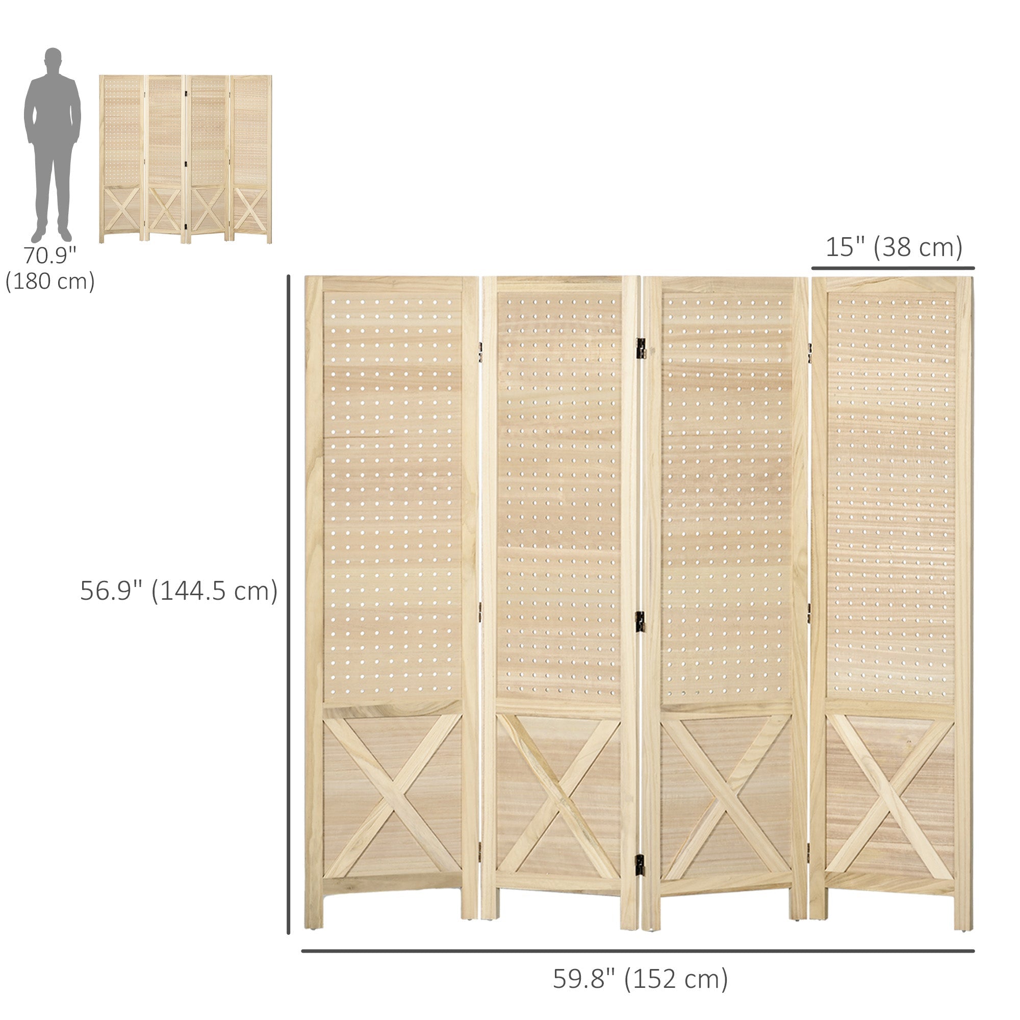 HOMCOM 4.7ft Room Separator, 4-Panel Pegboard Privacy Screen for Home Office & Studio, Wooden Material, Natural 