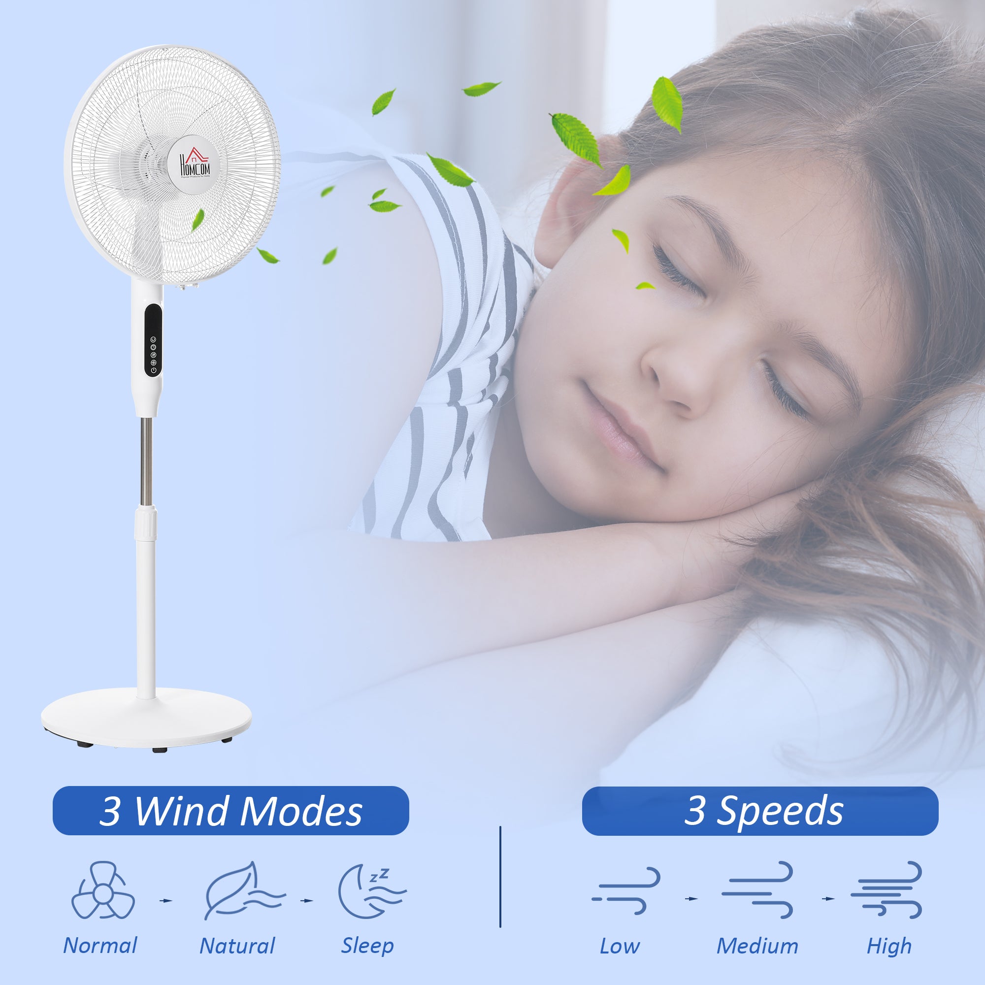 HOMCOM Standing Floor Fan with Remote Tall Pedestal Cooling Fan for Home Bedroom White 