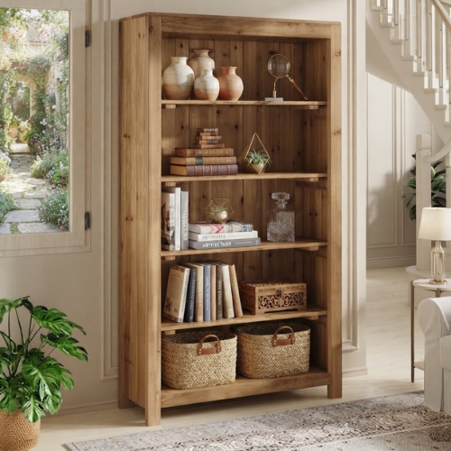 70.87" 6-Tier Solid Wood Bookshelf, 35.43" Wide Freestanding Bookcase with Rustic Walnut Finish