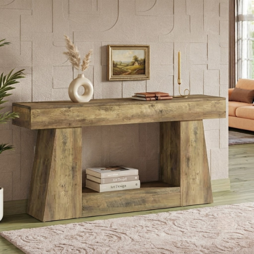 63" Farmhouse Console Table, Wooden Sofa Table with 2-Tier Storage Shelves, Narrow Hallway Entryway Table