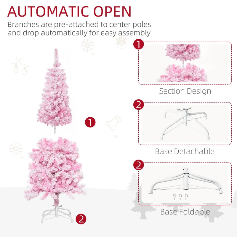 HOMCOM 5ft Snow-Flocked Artificial Christmas Tree – Slim Pencil Design, Realistic Branches, Auto Open, Steel Base, Pink 